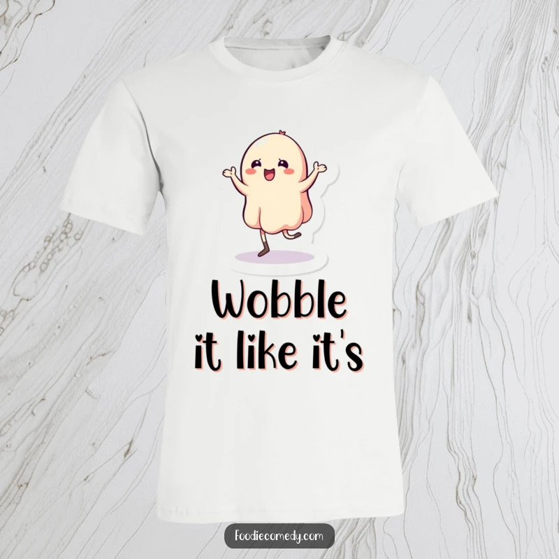Funny Jelly T-Shirt: A wobbly jelly character energetically dances a jig, full of life and playful motion.