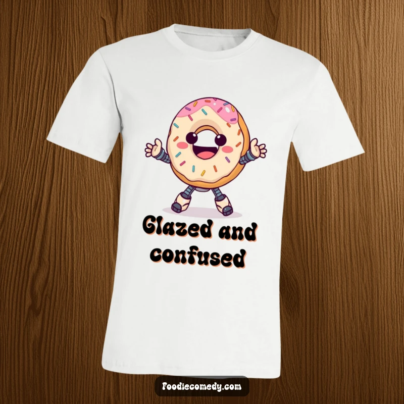 Funny donut t-shirt, happy with sprinkles, performing a groovy robot dance with fun-loving energy.
