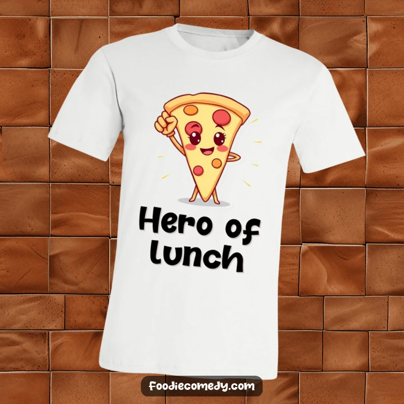 Funny pizza slice t-shirt in a superhero pose, showcasing bravery and a love for delicious food.