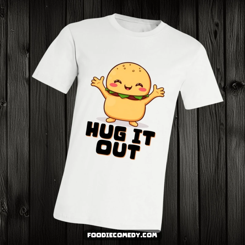 Funny burger t-shirt, a cheerful burger character with outstretched arms, offering a friendly and humorous embrace.