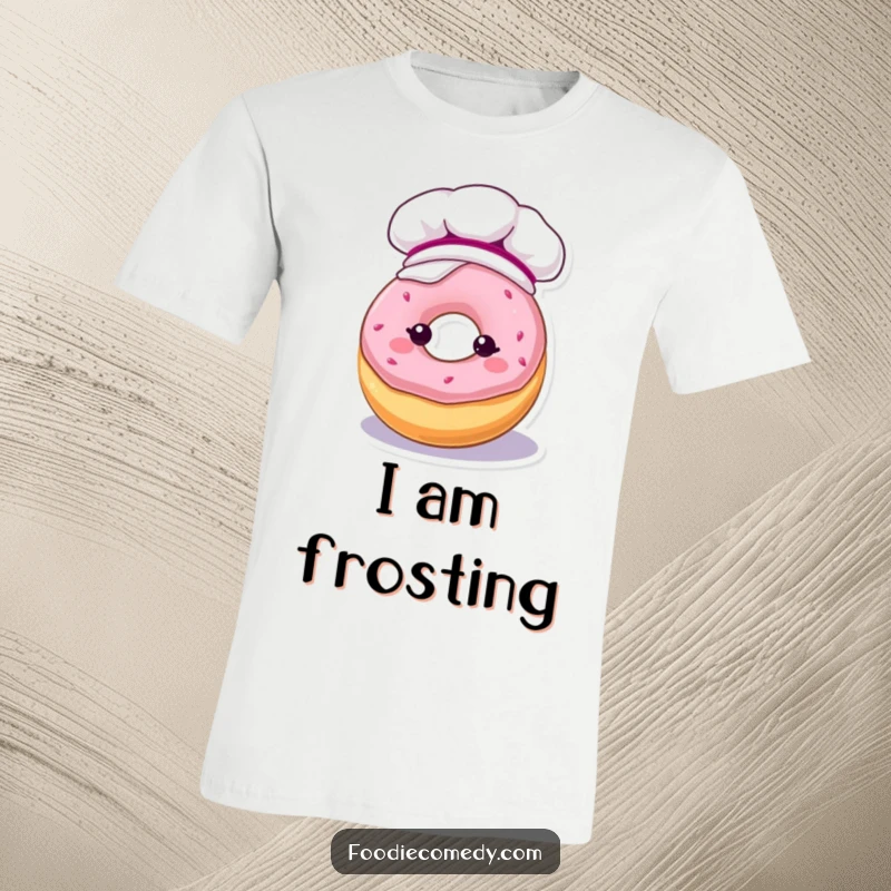 Funny t-shirt showcasing a kawaii donut character in a baker's hat, extravagantly coated in frosting, ready for baking fun.
