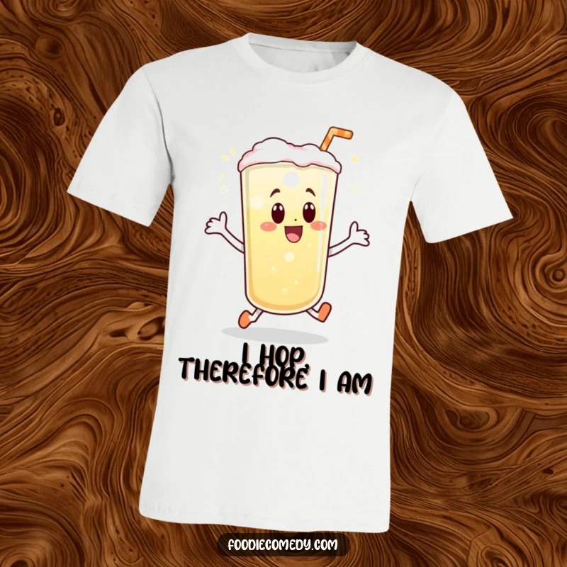 Funny t-shirt with a bubbly beverage gleefully doing a joyful little hop, perfect for expressing effervescent personality.