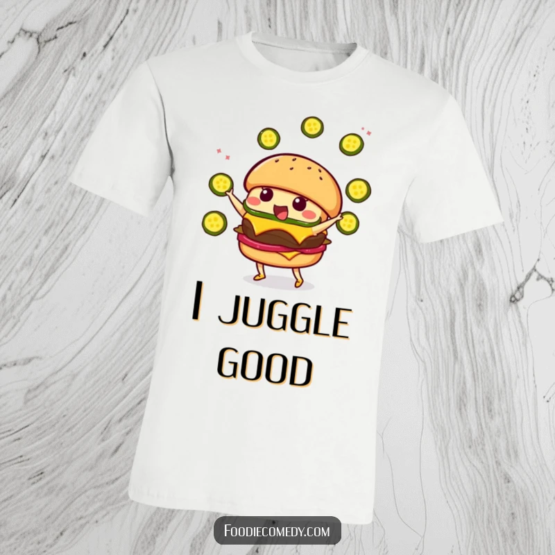 Funny Burger Juggling T-Shirt: A cute, grinning kawaii burger character energetically juggling slices of pickles with glee.