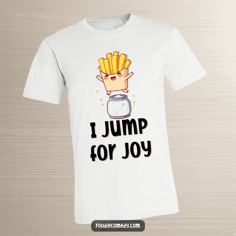 Funny French Fry Leap T-Shirt: A cute, jumping kawaii french fry character enthusiastically leaping over a salt shaker.