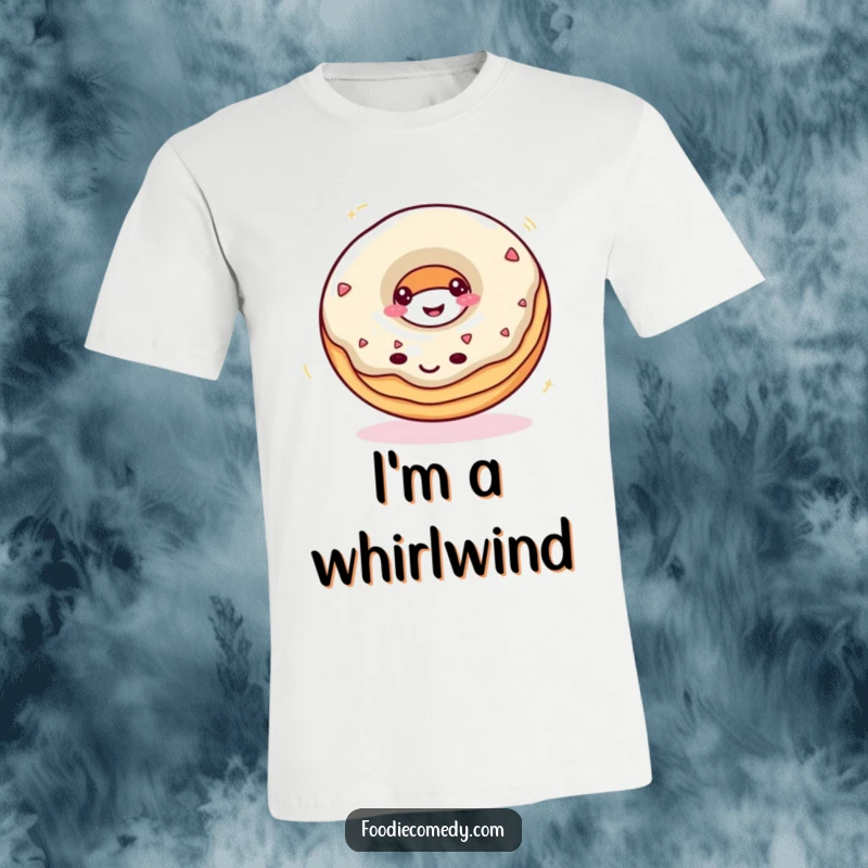 Funny donut t-shirt depicting a smiling donut spinning rapidly, perfect for dessert lovers and fun fashion.