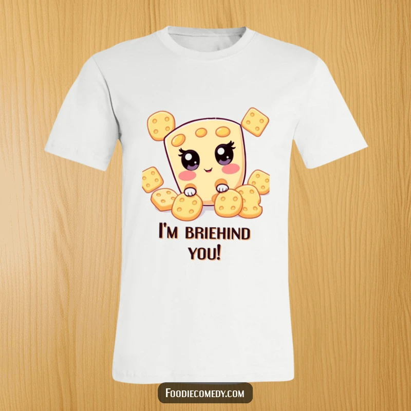 Funny kawaii cheese slice hiding behind crackers on this t-shirt, a delightful and humorous graphic tee for cheese lovers.