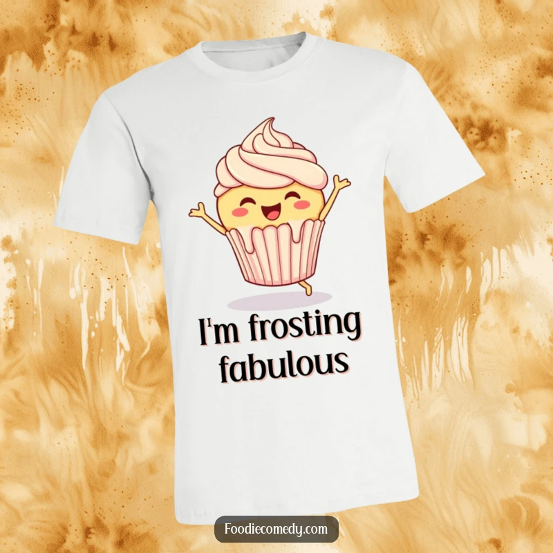 Funny Cupcake T-Shirt: A cheerful cupcake with frosting dripping mid-jig, exuding pure, sweet delight.