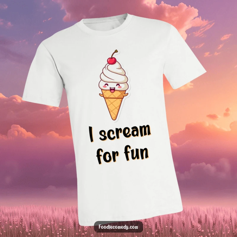 Funny giggling ice cream cone t-shirt doing a spin, a joyful dessert character for fashion.