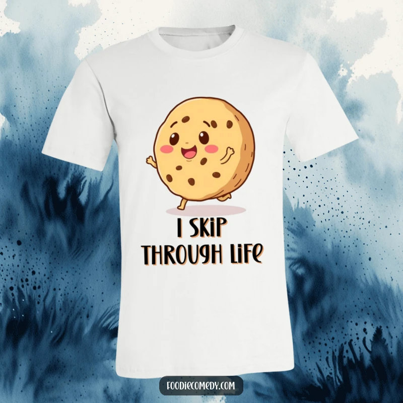 Funny t-shirt with a smiling cookie gleefully performing a happy little skip, showing off its sweet and joyful personality.