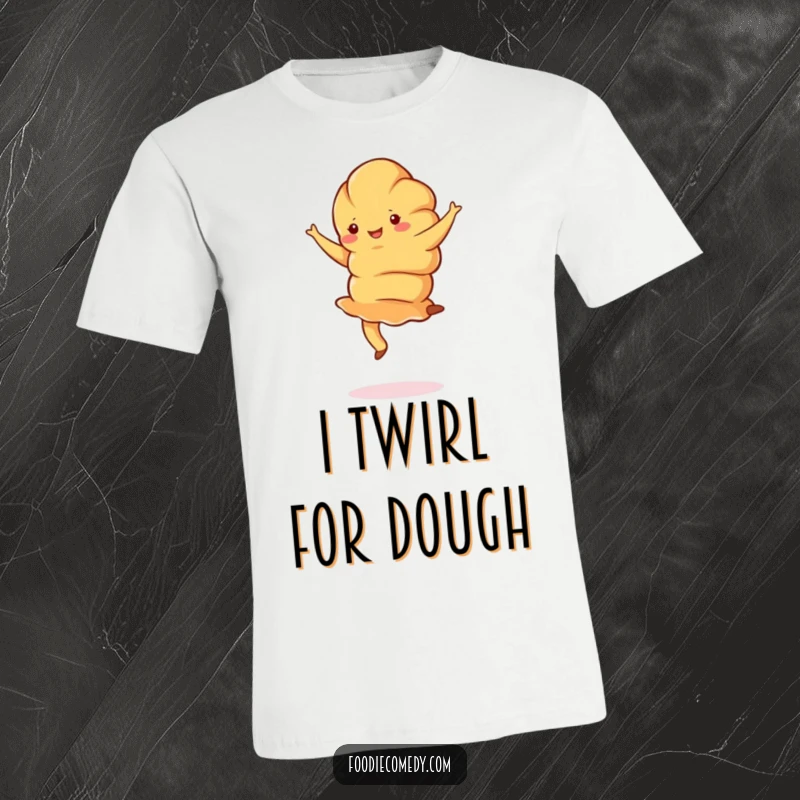 Funny croissant t-shirt featuring a jubilant croissant doing a graceful pirouette, perfect for bakers and dancers.