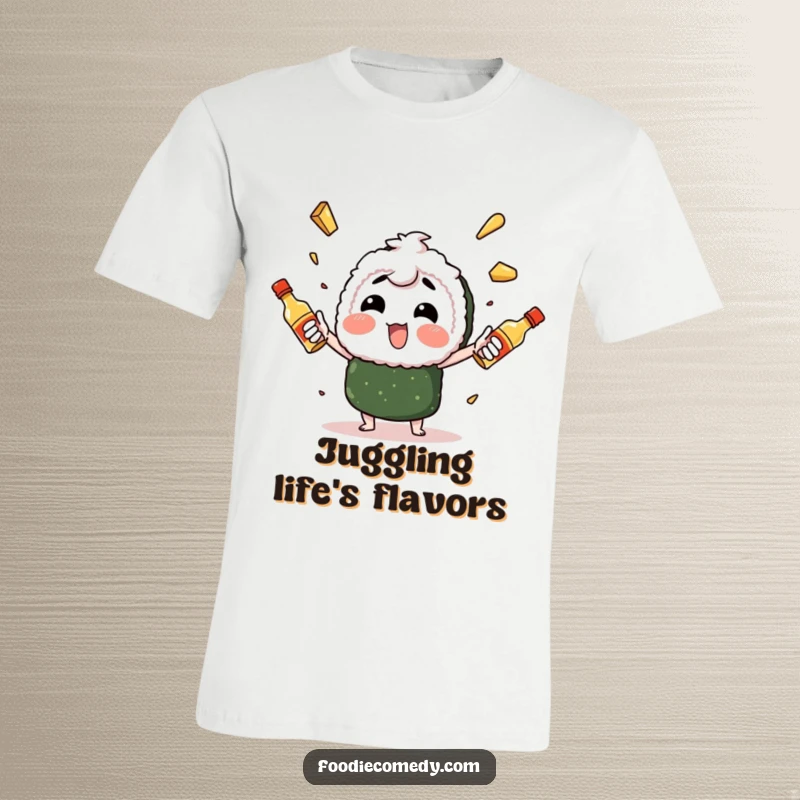 Funny sushi character enthusiastically juggling spicy mayo bottles, a t-shirt design celebrating culinary arts with a humorous twist.