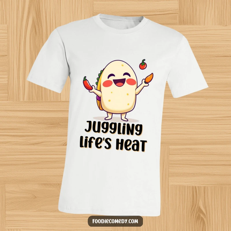 Funny Taco T-Shirt: A delighted taco with a big grin humorously juggling tiny chilis, showcasing spicy fun.