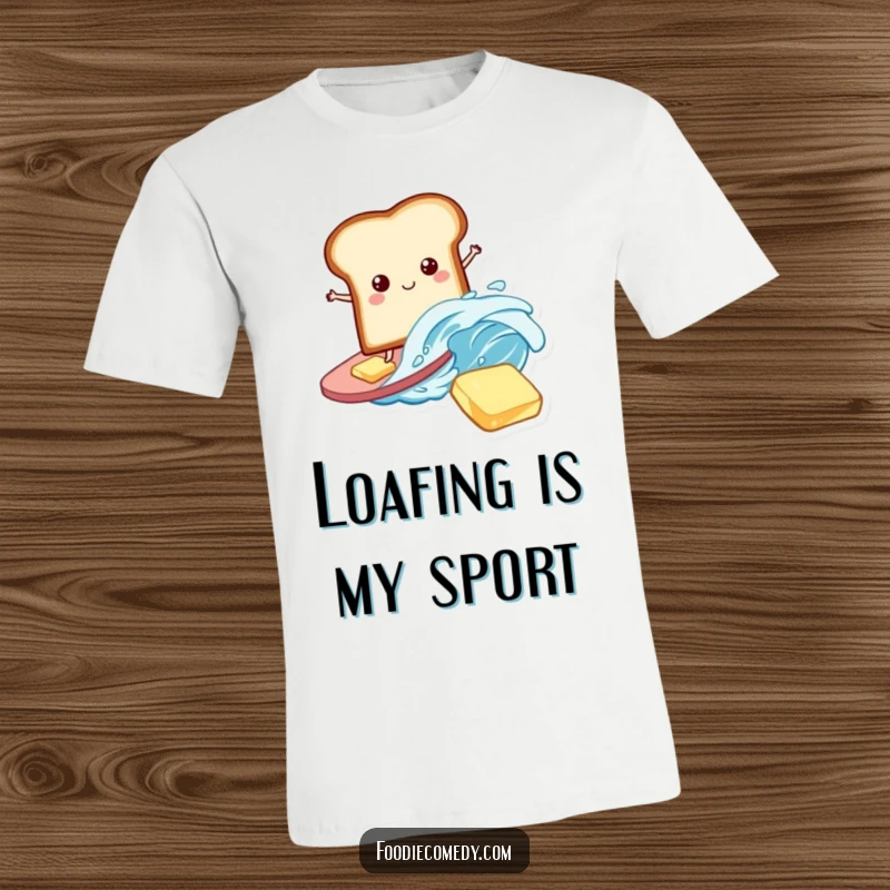 Funny Bread T-Shirt: A playful slice of bread humorously surfing on a wave of butter, depicting breakfast fun.
