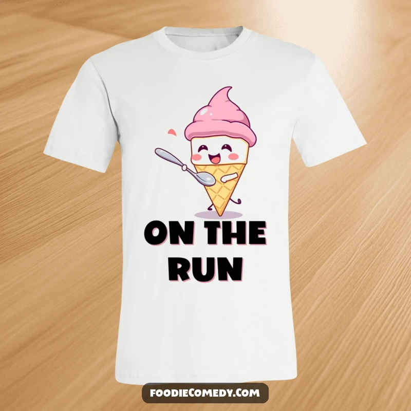 Funny T-Shirt: A cute kawaii ice cream cone giggling during a playful chase by a spoon. A humorous tee for dessert enthusiasts.