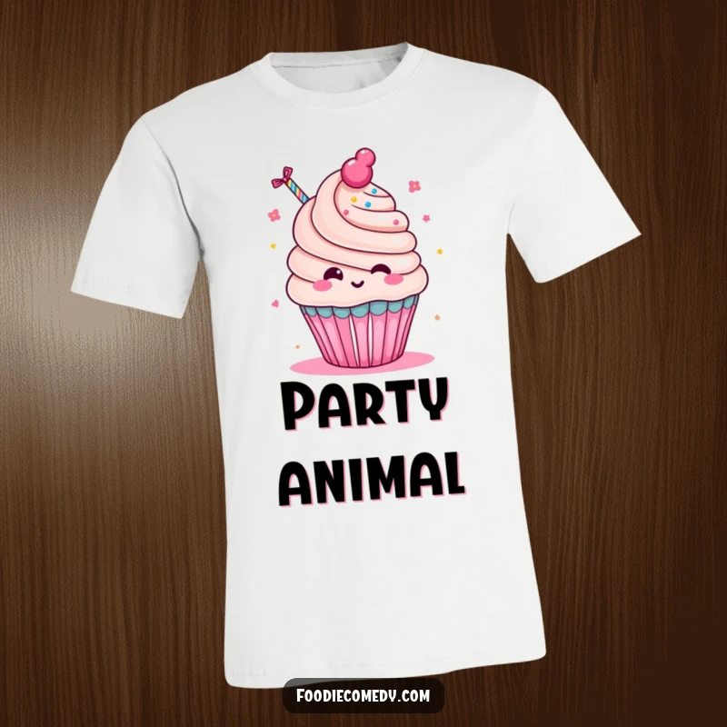 Funny Cupcake Party T-Shirt: A cute, grinning kawaii cupcake character blowing a party favor with infectious glee.