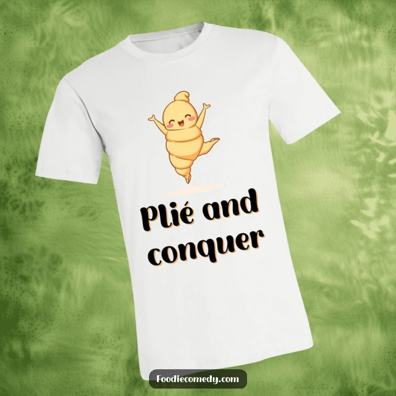 Funny croissant character in a beautiful ballet leap pose on a t-shirt, exuding grace and lighthearted fun.