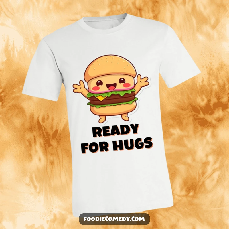 Funny happy burger t-shirt with outstretched arms, inviting hugs and celebrating delicious food.