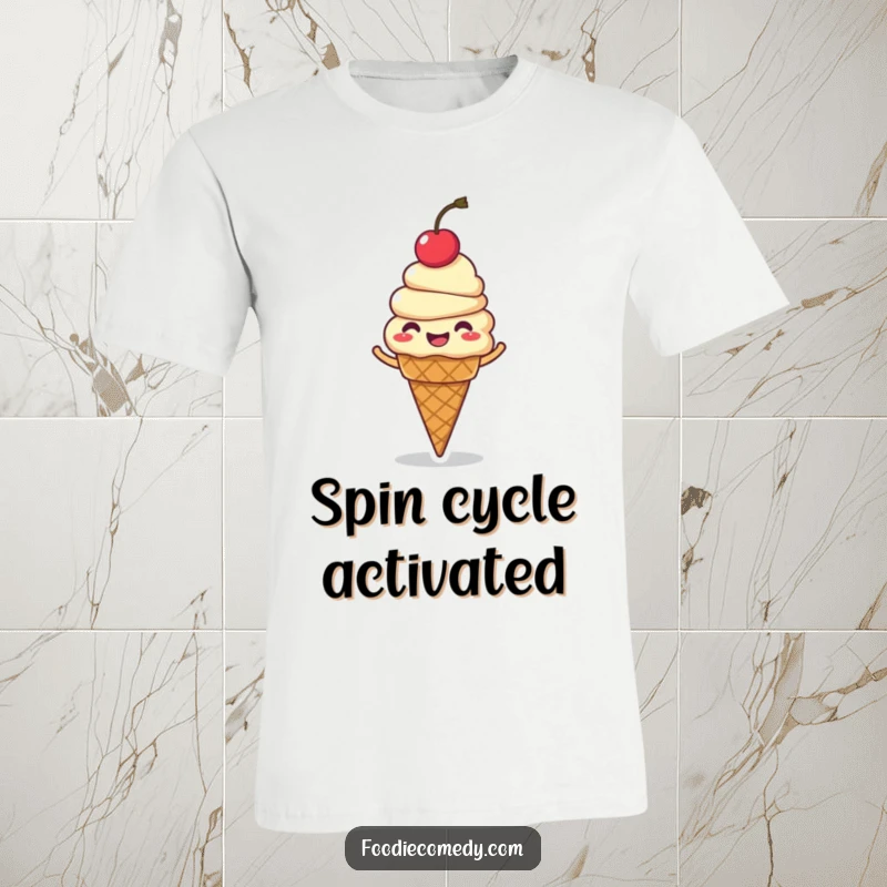 Funny ice cream cone t-shirt, a giggling character with a cherry on top, caught mid-spin in a joyful dance.