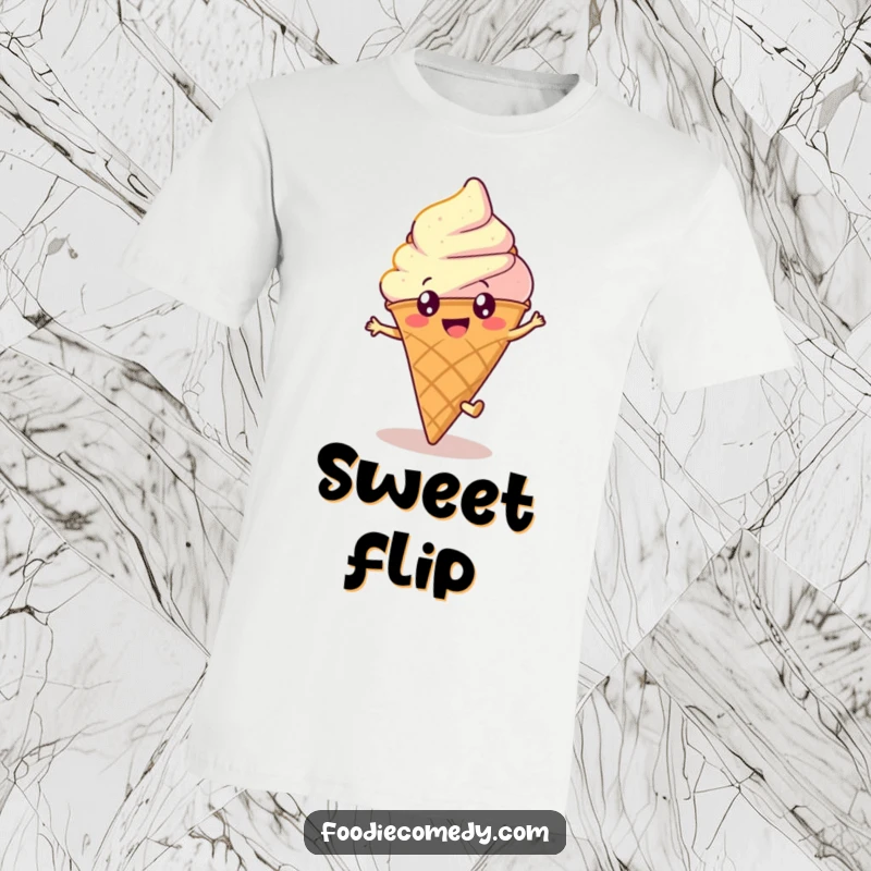 Funny ice cream t-shirt depicting a happy, round cone with bright eyes performing a cartwheel, full of playful energy.