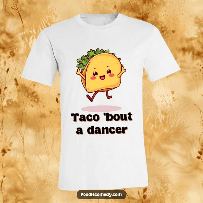 Funny Taco T-Shirt: A taco character with legs performs a vibrant salsa dance, full of energy and spice.