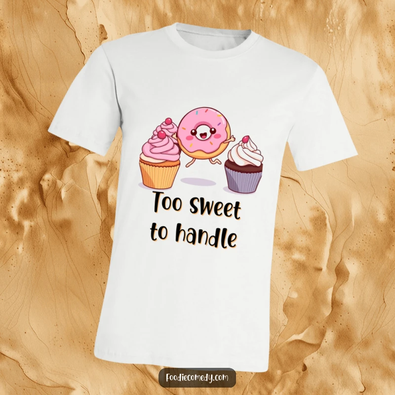Funny Kawaii Donut T-Shirt: A cute, leggy donut happily leaping amidst cupcakes, showcasing a fun and playful food-themed design.
