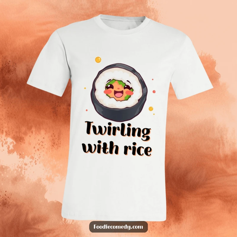 Funny t-shirt depicting a sushi roll in a joyful, uninhibited twirl, capturing a moment of pure, funny delight.