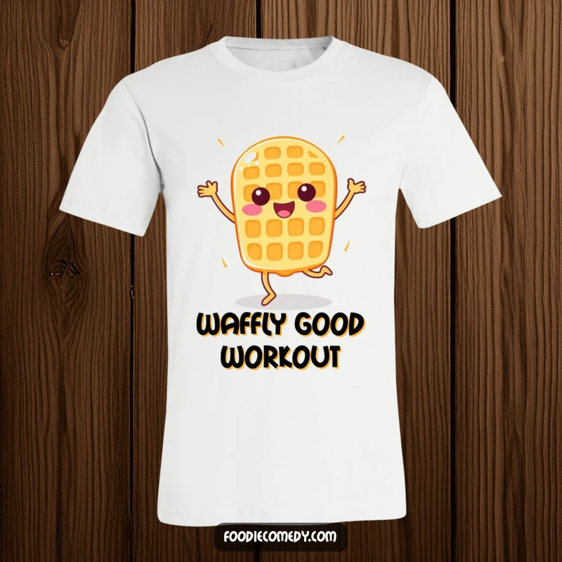Funny Happy Waffle T-Shirt: A grinning waffle performs a bouncy aerobic routine, showcasing energetic food art.