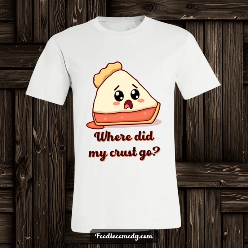 Funny t-shirt with a pie slice looking surprised and crustless, ideal for humor lovers.
