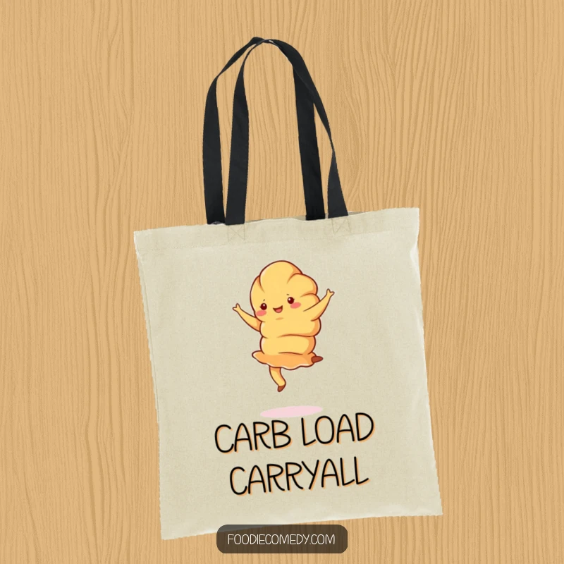 Funny croissant tote bag with a jubilant croissant doing a graceful pirouette, perfect for carrying essentials with Parisian flair.