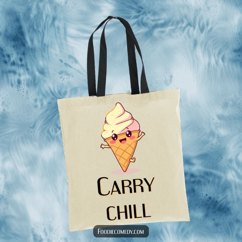 Funny ice cream tote bag showing a happy, round cone with bright eyes doing a cartwheel, great for shopping and everyday use.