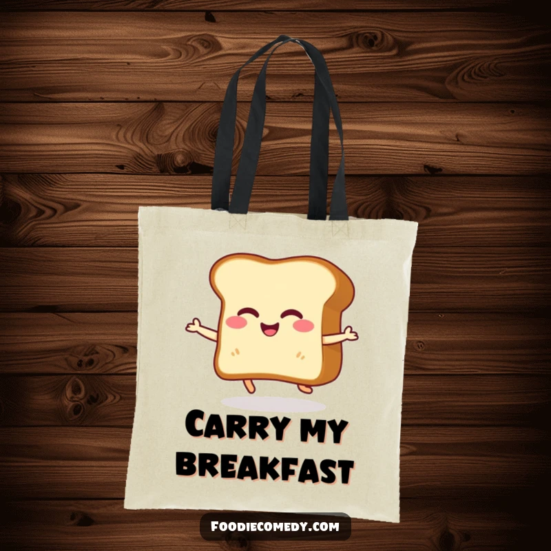 Funny tote bag with a giggling slice of toast doing a happy little shuffle, showcasing a fun and functional design.