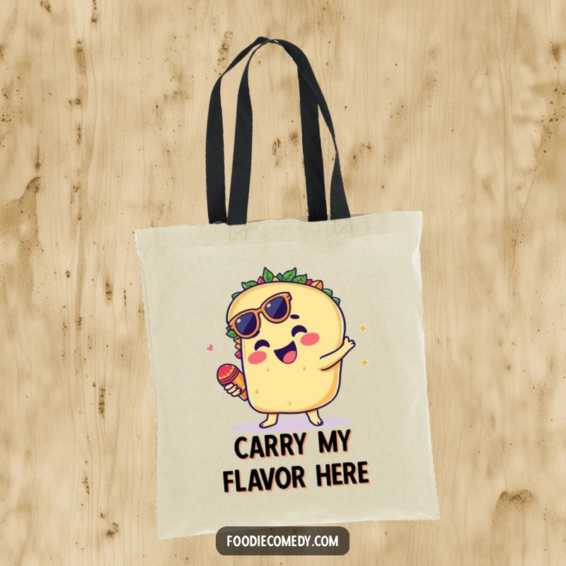 Funny tote bag featuring a groovy taco dancing and shaking tiny maracas.