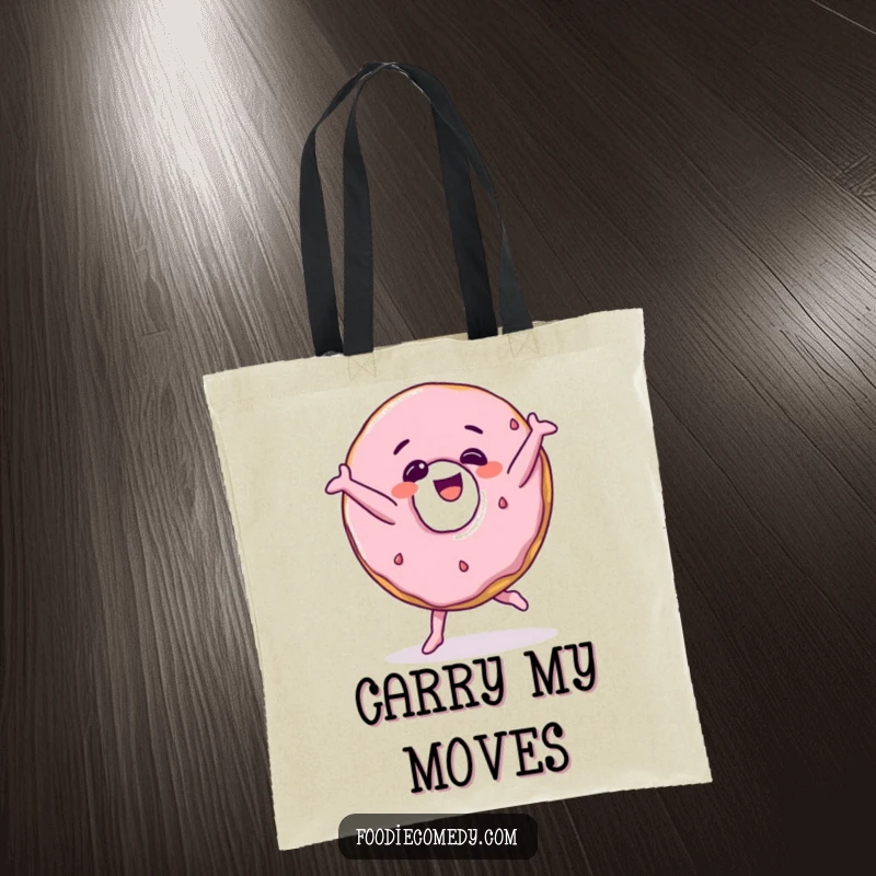 Funny donut giggling and breakdancing, printed on a stylish tote bag, a playful and useful accessory.