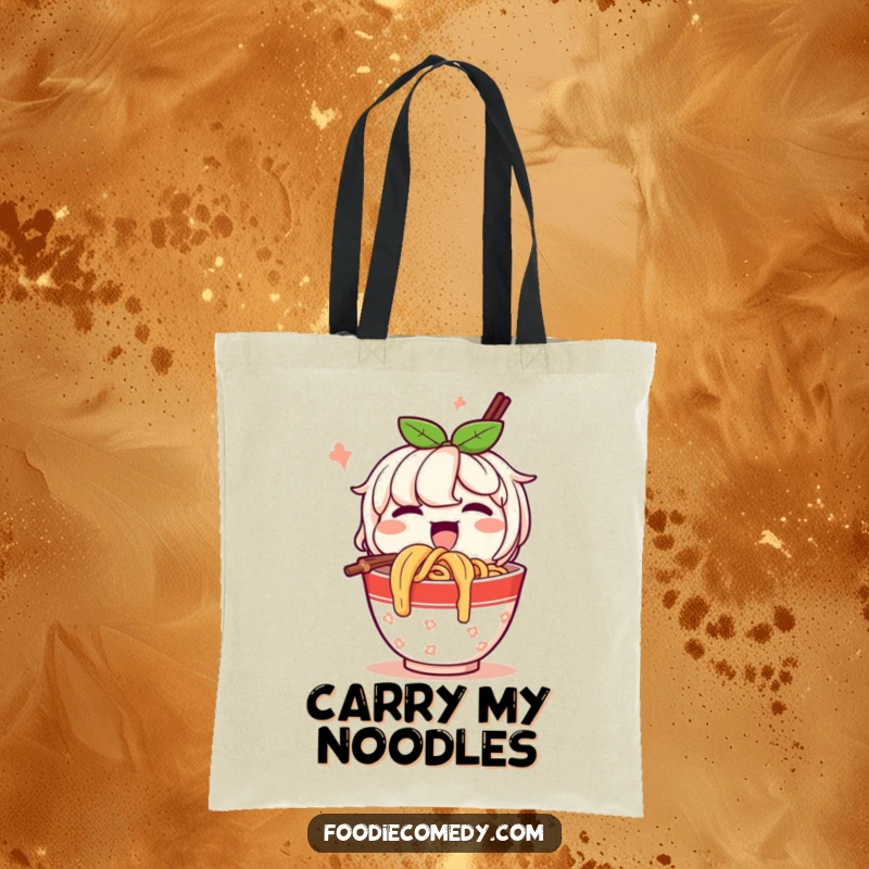 Funny Tote Bag: A happy cup of noodles character enthusiastically slurps noodles, bringing portable comfort and foodie charm.