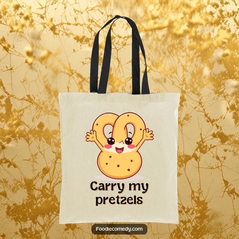 Funny pretzel tote bag with a joyful pretzel doing a boogie with enthusiasm, a great funny gift for shoppers.