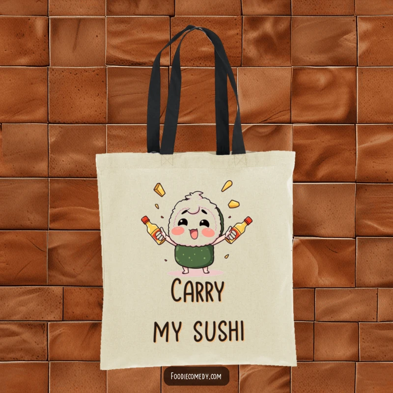 Funny sushi character enthusiastically juggling spicy mayo bottles, a tote bag design featuring a skilled and comical food performer.