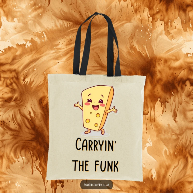 Funny cheese wedge character breakdancing on a tote bag, bringing energetic fun to everyday tasks.