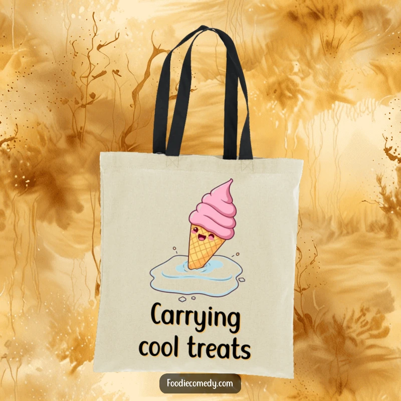 Funny gleeful ice cream cone sliding across a frozen surface, on a tote bag, a humorous and sweet accessory.