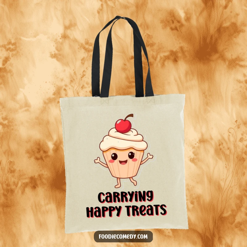 Funny tote bag featuring a smiling cupcake with a cherry on top, doing a joyful little dance, ready for errands.