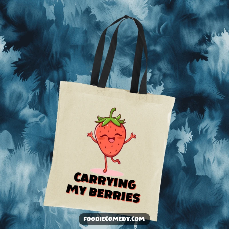 Funny strawberry tote bag with a giggling strawberry doing a lively flamenco step, a great funny gift for shoppers.