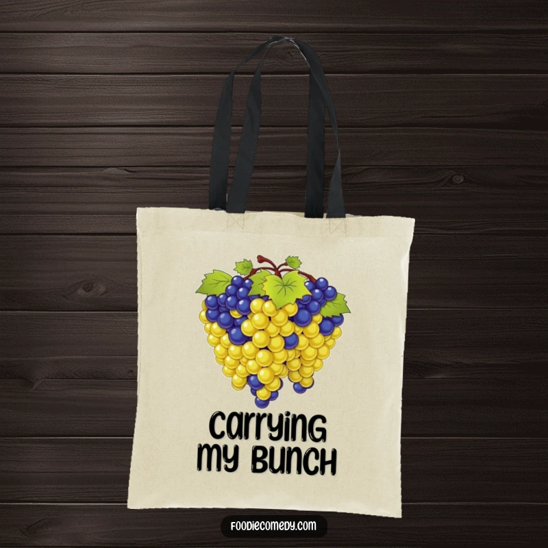 Funny tote bag showcasing a bunch of grapes in a synchronized sway, ready to carry your items with rhythmic charm.