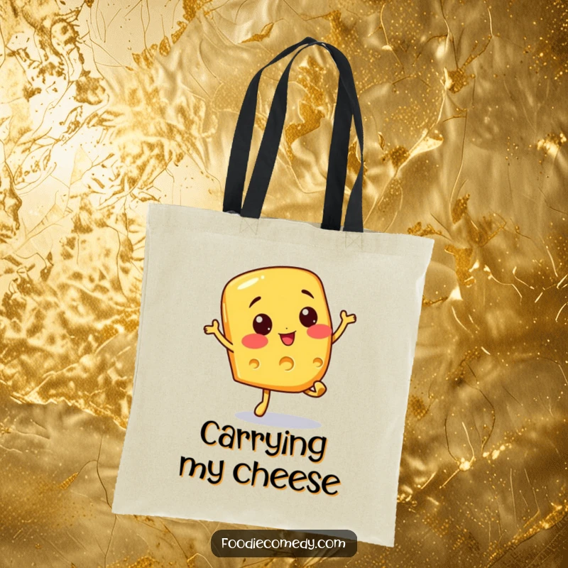Funny tote bag with a cheerful cheese slice character performing a lively bouncy hop. Great for carrying groceries with humor.