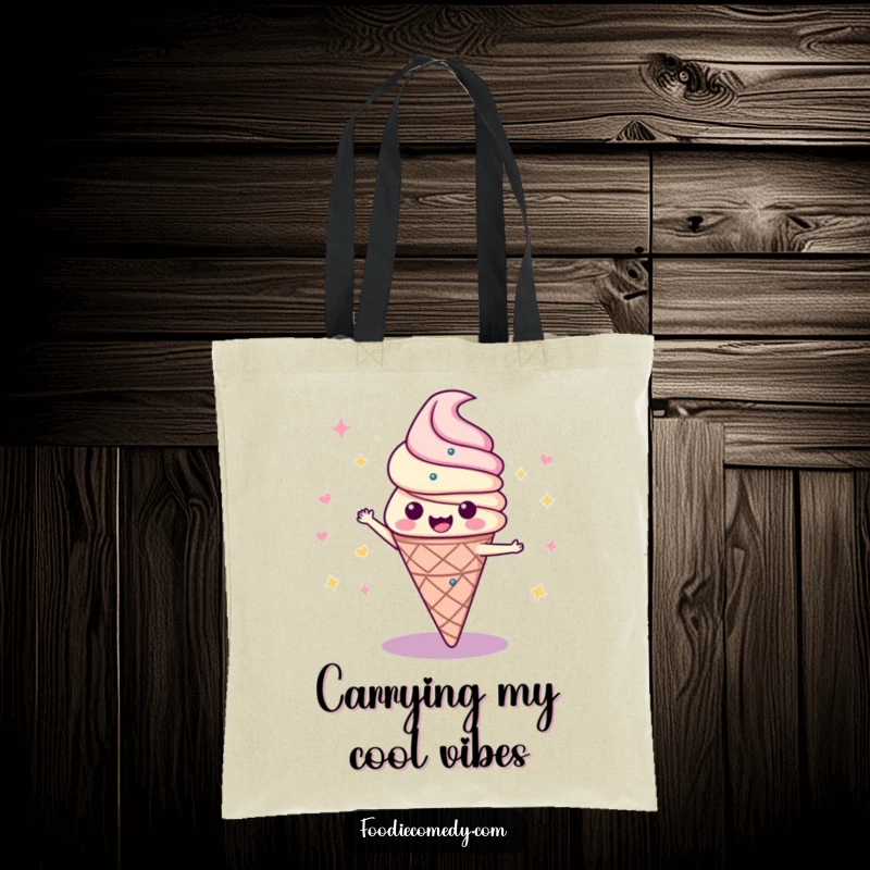 Funny tote bag showcasing a jubilant ice cream cone in a classic disco spin, ready to carry your items with playful energy.