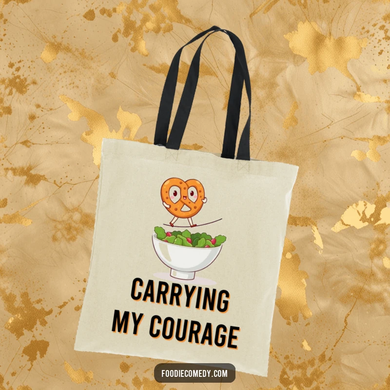 Funny kawaii pretzel tote bag, durable canvas with a brave pretzel doing a tightrope walk over a salad bowl, humorous everyday accessory, cute snack character, great funny gift.
