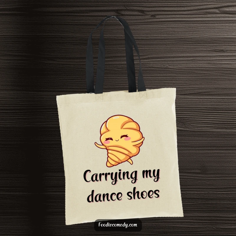 Funny croissant tote bag, a winking pastry performing a vibrant flamenco swirl, perfect for carrying daily essentials with flair.