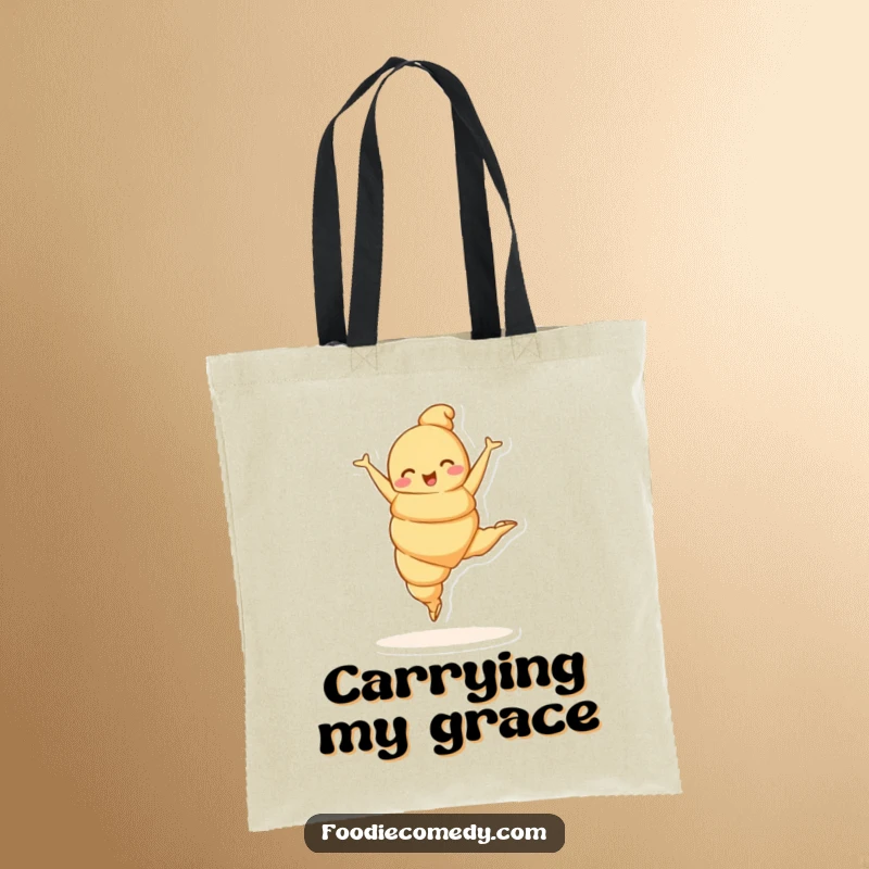Funny croissant character in a ballet leap on a tote bag, bringing elegance and humor to your carry-all.