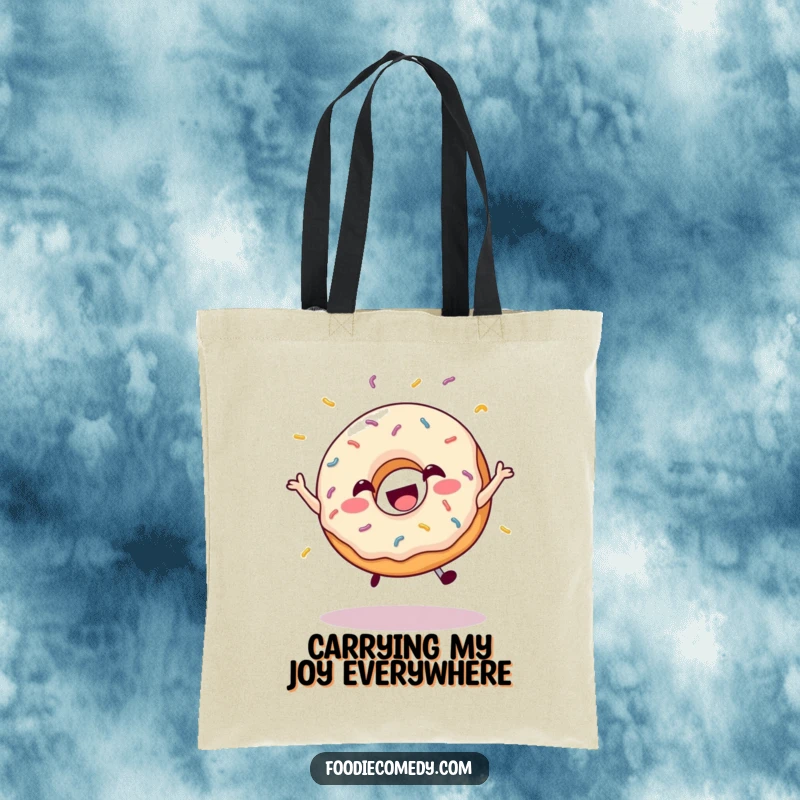 Funny tote bag showcasing a happy donut leaping with sprinkles, a vibrant and joyful design.