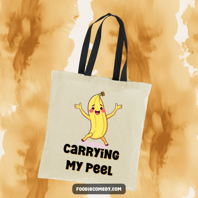 Funny banana peel tote bag showcasing a peel doing a clumsy breakdance move, ideal for shopping and fun.