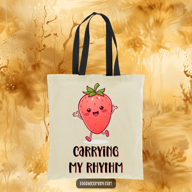 Funny strawberry tote bag, smiling and performing a rhythmic tap dance, perfect for carrying essentials and smiles.