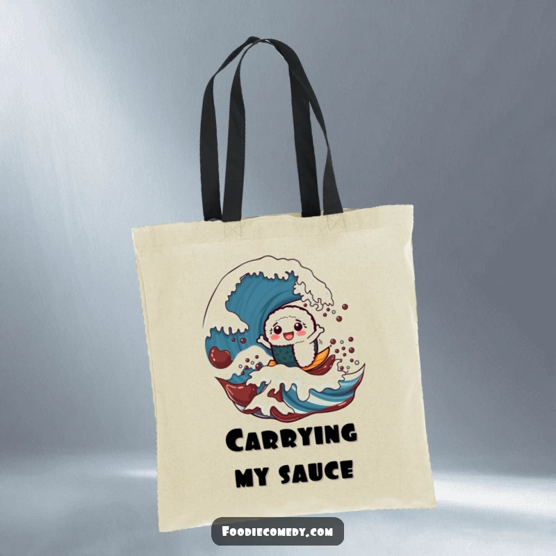 Funny tote bag featuring a cheerful sushi roll character riding a giant soy sauce wave, perfect for carrying everyday items.